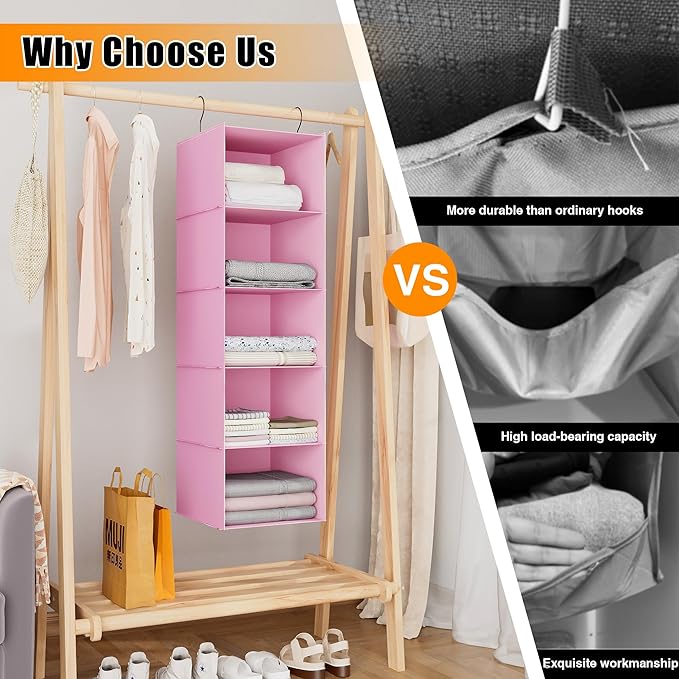 Hanging Closet Organizer, Easy Mount Foldable 5-Shelf Hanging Closet Wardrobe Storage Shelves, Clothes Handbag Shoes Accessories Storage, Washable Oxford Cloth Fabric, Pink