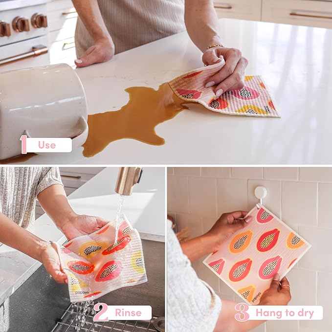 Papaya Reusable Paper Towels, Premium Swedish Dishcloths with Hook, Non-Scratch Reusable Paper Towel, 1 Sheet Replaces 17 Rolls - 2 Sheets, 1 Hook