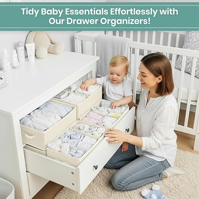 RFAQK 10 Pack Dresser Drawer Organizer Clothes-Baby Clothes Organizer for Nursery, Foldable Closet Fabric Drawer Dividers for Bedroom Organization, Storage Bins, Underwear, Socks, Bras, Belt-Begie