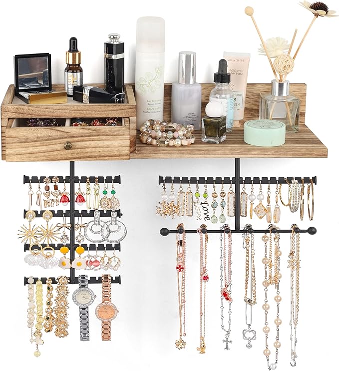 VINAEMO Jewelry Organizer Hanging Wall Mounted Jewelry Holder with Rustic Wood Drawer & Large Capacity Storage Shelf Rack Display for Earrings Rings Necklaces Bracelet