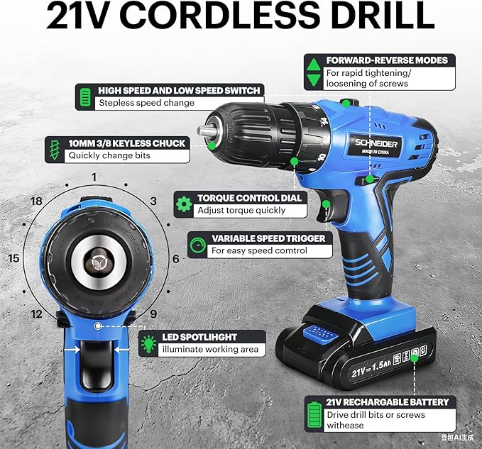 Schneider 21V Tool Set with Drill, 350 in-lb Torque, 0-1350RMP Variable Speed, 10MM 3/8'' Keyless Chuck, 18+1 Clutch, 1.5Ah Li-Ion Battery & Charger for Home Tool Kit