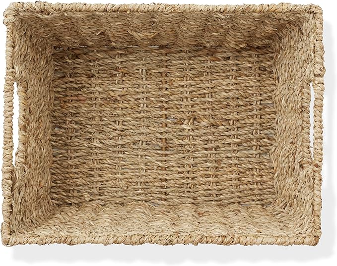 Casafield Set of 4 Seagrass Storage Baskets with Handles - Natural, Woven Rectangular Storage Bins for Shelves, Blankets, Laundry Organization