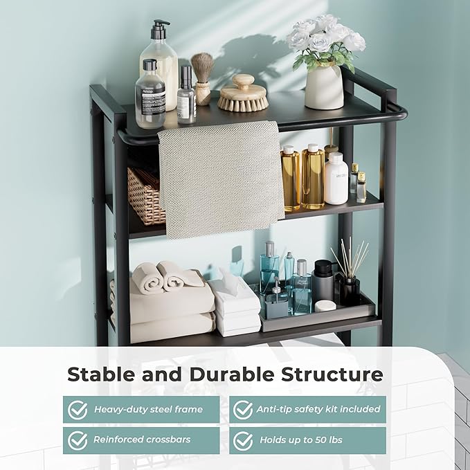 GRUSIGN Over-The-Toilet Storage Shelf, 4-Tier Bathroom Organizer Shelf, Freestanding Space Saver Shelves Over Toilet with Adjustable Shelf for Bathroom, Black