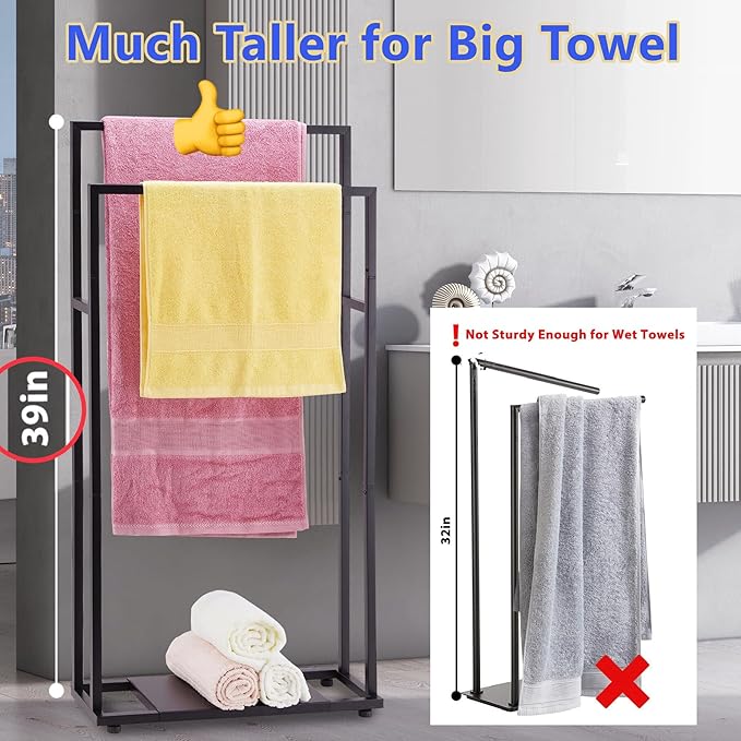 Towel Racks for Bathroom, 39'' Tall 2 Tier Bathroom Towel Stand with Storage Shelves, Modern Standing Pool Drying Rack for Outdoor, Black, ALHAKIN