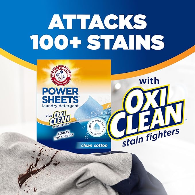 ARM & HAMMER Power Sheets Laundry Detergent Plus OxiClean Stain Fighters, Clean Cotton Scent, 52 Count, 104 Medium Loads