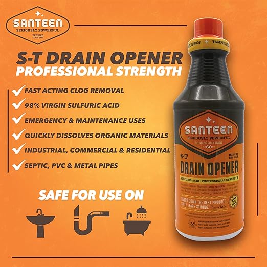 Santeen S‑T Drain Opener – Professional Strength Liquid Drain Cleaner for Sinks, Toilets & Showers – Dissolves Grease & Organic Buildup – PVC & Septic Safe – Case of 6 (32 oz)