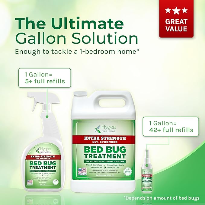 Hygea Natural Extra Strength Bed Bug & Lice Elimination Duo - Extra Strength 24 oz Lice, Bed Bug & Mite Spray & 128 oz Spray Refill - Child & Pet Friendly - Stain & Odor Free - 66% Stronger Formula
