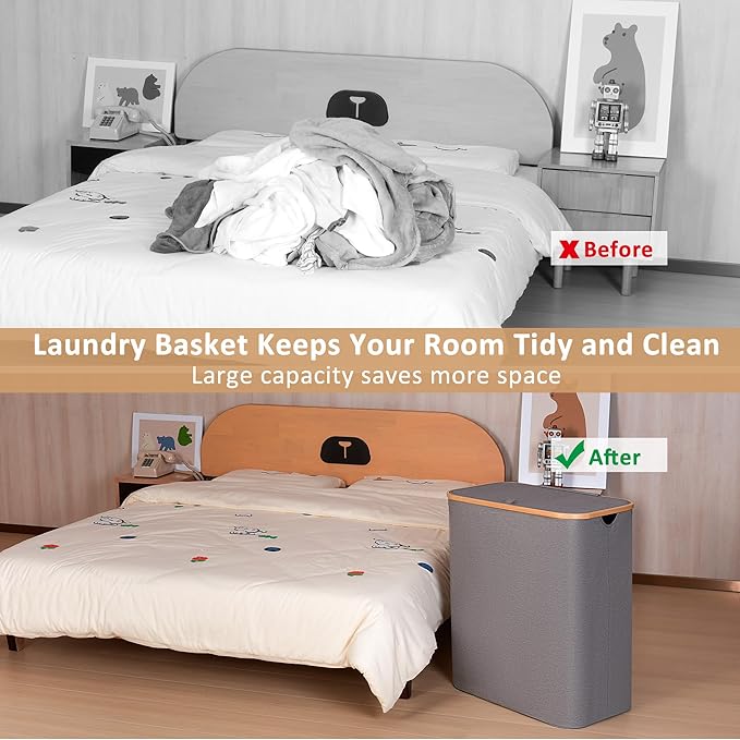 iEGrow 150L Laundry Hamper with Lid-Large Laundry Basket with Bamboo Handles, Grey Hampers for Laundry, Dirty Clothes Hamper with 2 Removable Inner Bags for Clothes Toys Towels