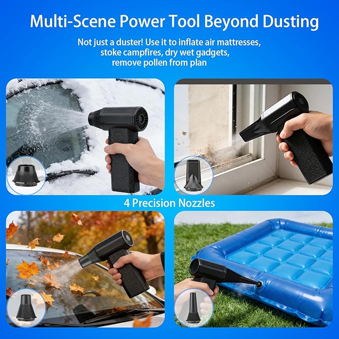 Compressed Air Duster-150000RPM Super Power Electric Duster, 3-Gear Turbo Fan，Rechargeable Cordless Air Blower with，for Snow, Leaves, Computer, Keyboard, Outdoor, House and Car Cleaning