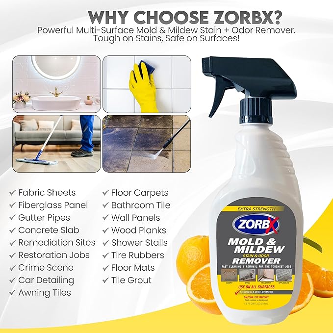 ZORBX Extra Strength Remover & Cleaner Spray 24 FL Oz – Scrub Free Formula - Bleach Free Stain & Smell Eliminator for Shower, Bathroom, Ceiling, Carpet, Cars, Walls & Wood