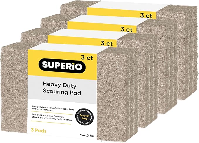 Superio Scouring Pad Pack of 12 - Non-Scratching Natural Sisal Cleaning Scrub Pads, Eco-Friendly Resuable Kitchen Scrubbing Pads