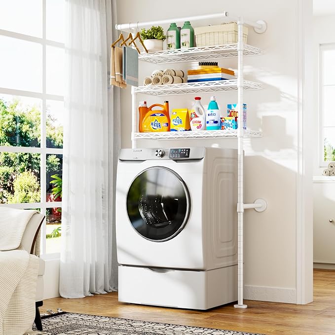 ULIFHOME U17 Wall-Mounted Over The Washer Dryer Shelves Without Moving Machines, Laundry Room Rack with Adjustable Shelves and Hanger Rod, 35" W x 22" D x 86.2" H, Holds 352 lbs, White