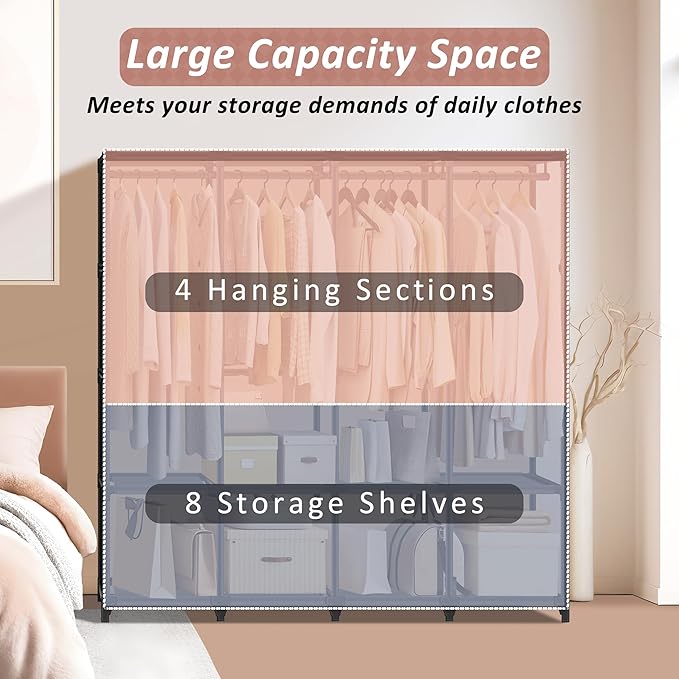 Wardrobe Closet, Quick and Easy Assembly, Black Large Capacity Portable Closet with 4 Hanging Rods 8 Storage Shelves and 8 Side Pockets, Clothes Rack with Cover, for Bedroom and Living Room