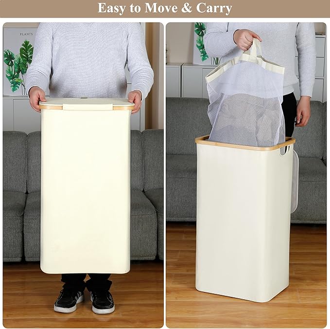 iEGrow Laundry Basket with Lid, 110L Large Laundry Hamper with Handle and Lid, Collapsible Clothes Basket Organizer with Removable Inner Bag for Clothes Toys Towels - Beige