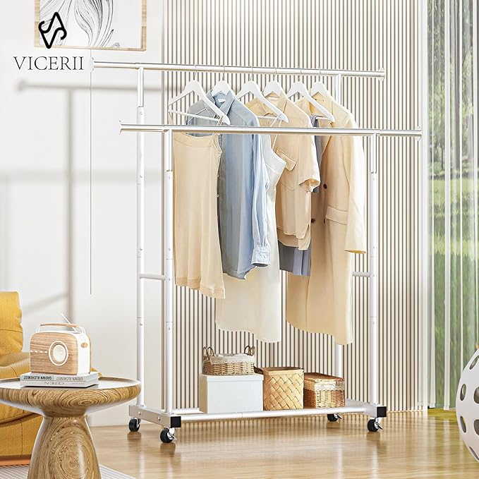 VICERII Double Clothing Rack, 55.51 Inch Garment Rack with Wheels and Bottom Shelf, 130LB Capacity Heavy Duty Rolling Clothes Racks for Hanging Clothes, Coats, Shirts, Sweaters, Skirts, White