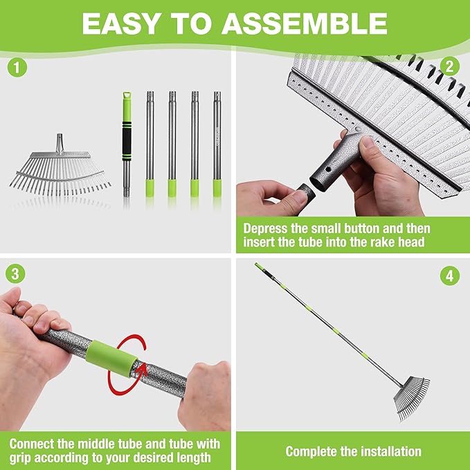 WORKPRO Rakes, Small Leaf Rake with 73” Adjustable Long Handle, Narrow Metal Garden Rake with 25 Steel Tines, Heavy Duty Rust-Resistant Lawn Rakes for Yard, Garden, Shrubs, Flower Beds & Tight Spaces