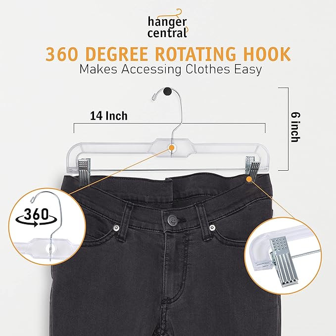 Hanger Central Premium 14 Inch Clear Pants Hangers with Adjustable Clips - 12 Pack Space-Saving Skirt Hangers - Non-Slip Heavy Duty Plastic Closet Organizers with 360° Swivel Hook