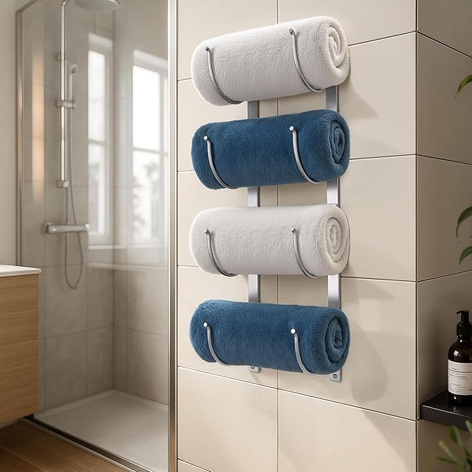Bathroom Rolled Towel Rack: 4-Tier Wall Mounted Towel Storage Holder, Hanging Organizer for Towels, Blankets, Large Bath Sheets, Space Saving in RV, Closet, Toilet, Cabinet, Silver
