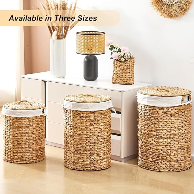 Round Water Hyacinth Laundry Hamper with Lid Handwoven Wicker Basket with Handles for Dirty Clothes, Storage, and Organization, No Assembly Required, 40L