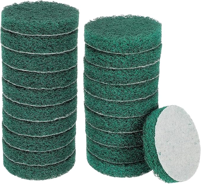 HARFINGTON 20pcs Scrubber Scouring Pads 180 Grits 3 Inch Drill Power Brush Hoop and Loop Surface Conditioning Disc Drill Scuffing Disc Scrub Pads for Home Kitchen Cleaning, Green