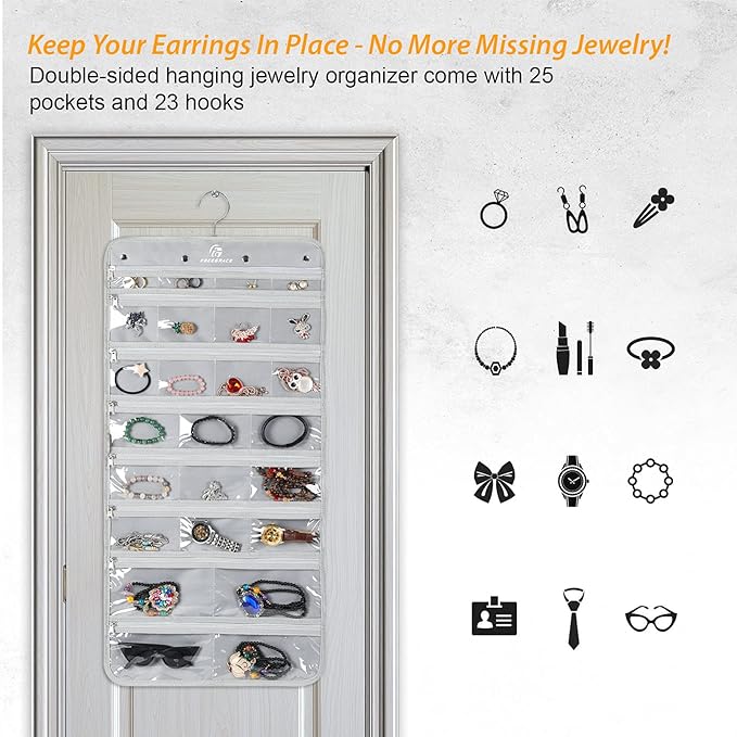 Freegrace Hanging Jewelry Organizer with Secure Zipper Closure - 360° Revolving Hanger, 25 Clear Pockets, 23 Necklace Hooks - Foldable Travel Storage & Closet Display (Gray)