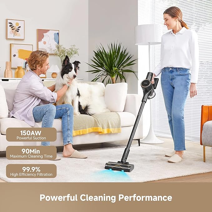 DREAME Cordless Stick Vacuum R20 Pure, 150AW Powerful Suction, Celeste LED Illumination, Anti-Tangle, Hard Floor & Carpet Cleaning, Up to 90Min Runtime, LED Screen, Lightweight, Versatile Attachments