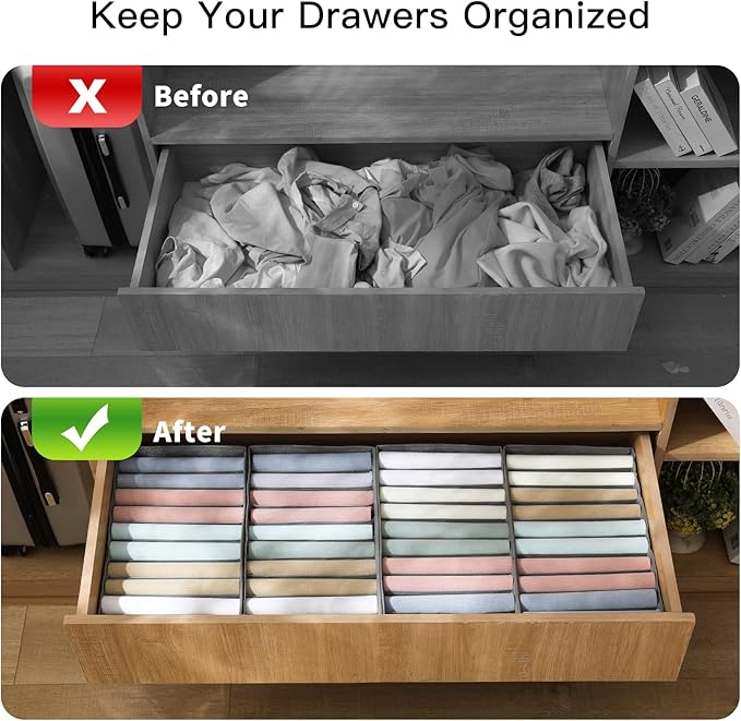 Qozary 4 Pack Drawer Organizers, 10 Grids Foldable Dresser Organizers for Clothing, Folded Clothes, T-shirt, Tank Tops, Camisoles, Underwear, Leggings, Baby Clothes