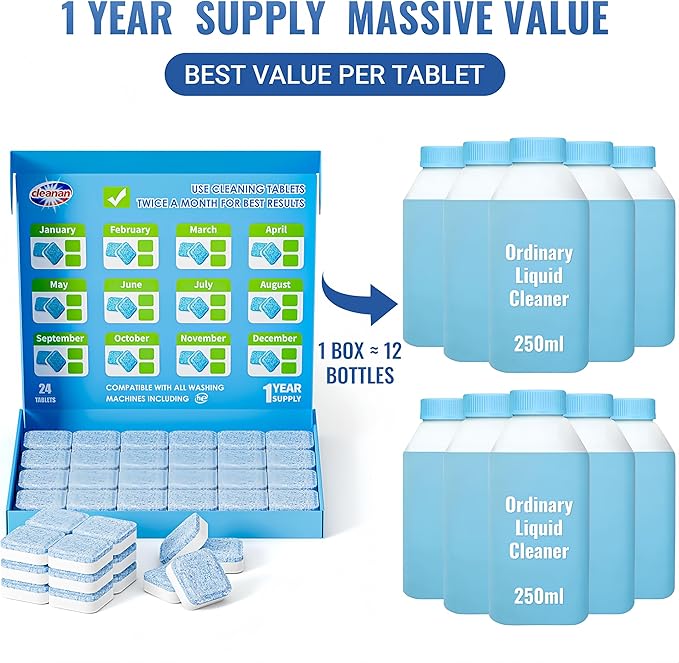 Washing Machine Cleaner Tablets - 24 Pack for Year-Round Deep Clean of Washer Machine, Suitable for HE, Top Load & Front Load Washer Cleaner, Grime & Build-Up, Septic Safe,Eco-Friendly