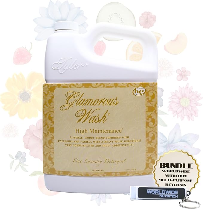 Worldwide Nutrition Bundle: Tyler Candle Company Glamorous Wash High Maintenance Scent Fine Laundry Liquid Detergent - 1.89L (64 Fl Oz) Container and Worldwide Nutrition Multi-Purpose Key Chain