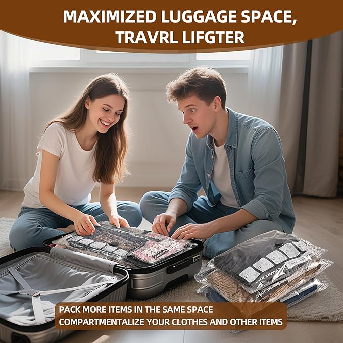 12 Pack Travel Vacuum Bags for Clothing,Compression Seal Packing Cubes for Suitcase Backpack,Vacuum Seal Bags for Clothing,Carry-on Size Space Saver Storage Bags 80% for Travel & Home(No pump)