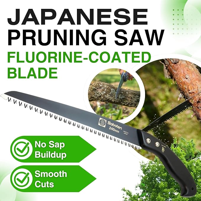 Saboten Japanese Pruning Saw 9.4 in (240mm) – Fluorine-Coated High-Carbon Steel Blade, 7.5mm Tooth Pitch, Smooth Pull Cuts, Wooden Handle, Wood Sheath Included, Made in Japan