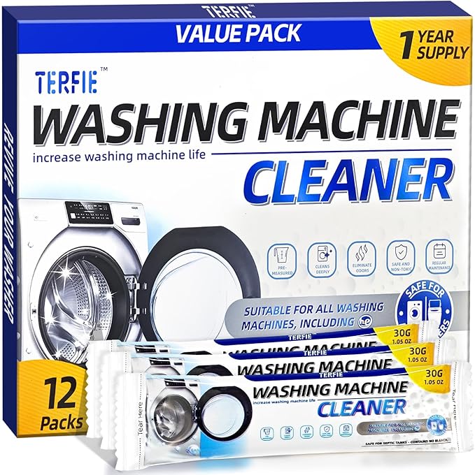 Washing Machine Cleaner Pre-Portioned Powder Tablets for Top Load & Front Load Washers, Odor-Removing, Detergent-Buildup Dissolving, Easy-Dissolve Maintenance Cleaner-12 Pack