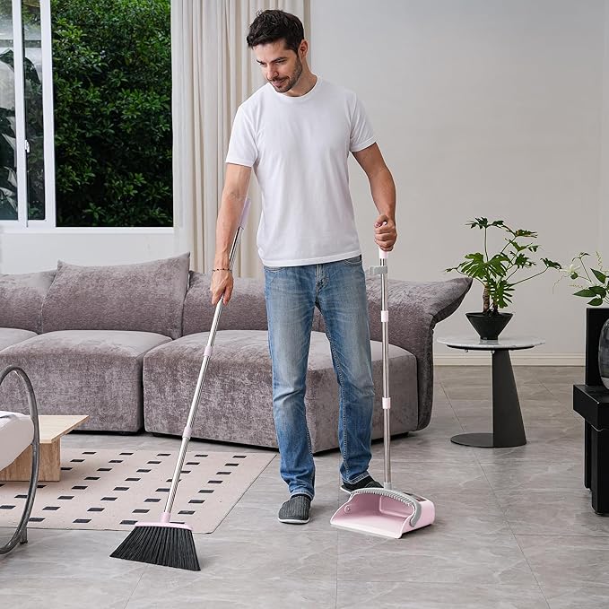Broom and Dustpan Set, 54” Long Adjustable Household Hand Broom with Dustpan Teeth to Clean Hair Broom with Dustpan Set Heavy Duty to Clean Hair for Home Lobby Office (Pink)
