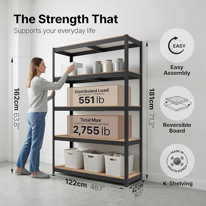 HOMEDANT House 48.1" W 5 Tier Heavy Duty Garage Shelving Adjustable Metal Rack Storage Shelves Standing Shelf Unit Organizers Industrial Warehouse Basement Black 1Pack