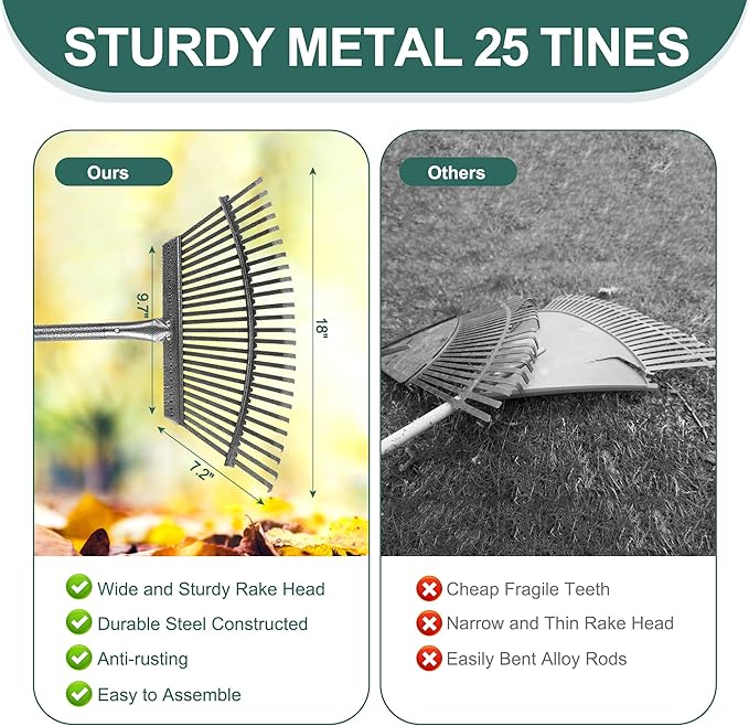 Adjustable Garden Leaf Rake Set, 18" Wide, 25 Tines, 37-79" Handle Metal Leaf Rake with 2 Pack 32 Gallons Leaf Bags and Scoops. Heavy Duty Graden Rakes Set for Lawn, Grass, Shrubs, Flower Beds