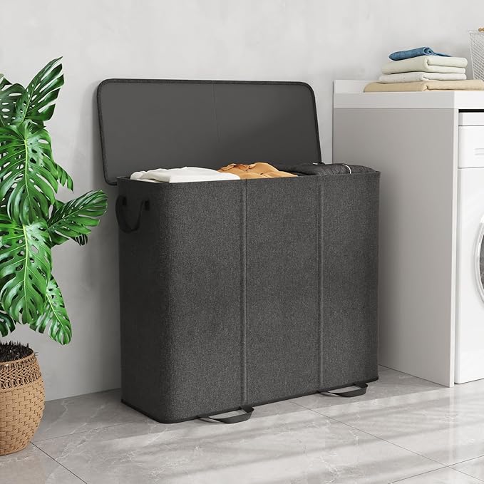 Lifewit Triple Laundry Hamper with Lid and Removable Laundry Bags, Large Collapsible 3 Dividers Dirty Clothes Basket with Handles for Bedroom Laundry Room Closet Bathroom College, 185L Black