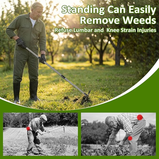 Weed Puller Tool with Long Handle - Adjustable Length Manual Weeder Remover Tool, 2 in 1 Hand Weed Rake and Garden Hoe for Gardening, Uprooting Weeding Tool for Yard, Lawn, Patio, Garden