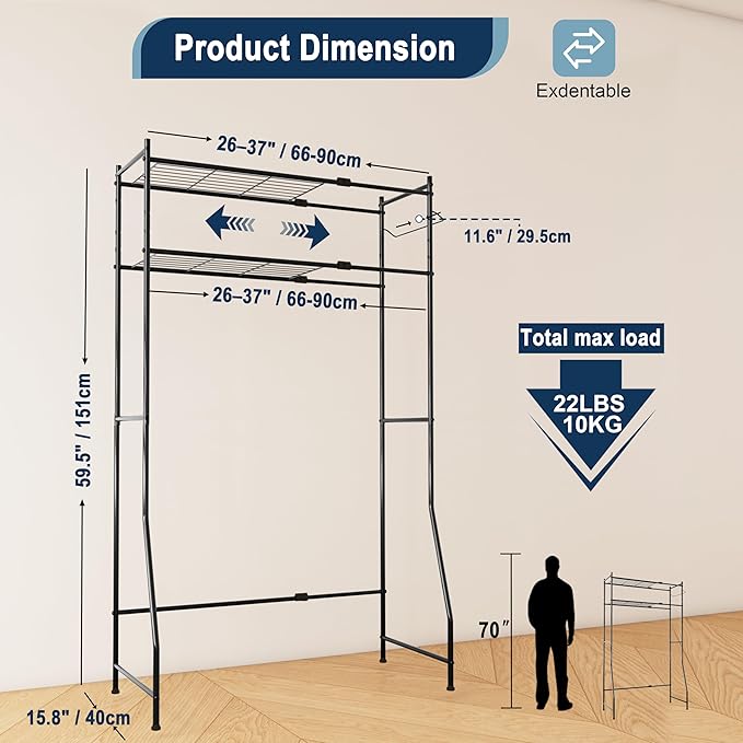 Laundry Room Storage Shelf & Organizer, 2 Tier Metal Over Washer and Dryer Shelves, Washing Machine Shelf with Hanger Rod, Expandable Bathroom Space Saver Shelf, 26–37" L x 15.8" W x 59.5" H, Black