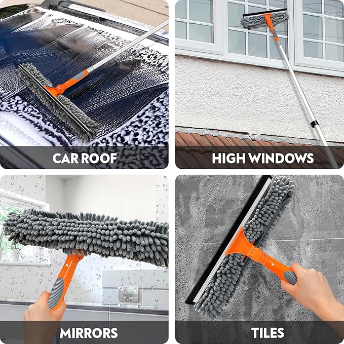 20 Ft High Reach Window Squeegee with 5-12Ft Extra-Thick Aluminum Telescopic Extension Pole| 14" Extra-Large 2-in-1 Window Cleaner Tool| Window Washer for Indoor/Outdoor Window,RV,Truck Glass