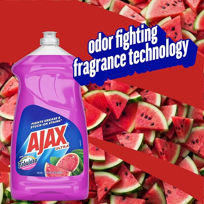 Ajax Ultra Liquid Dish Soap with Fabuloso Watermelon Scent, Fights Grease and Stuck-On Stains, Deep Cleaning Action, Mess-Free, Easy-Flip Cap, 52 fl oz Bottle