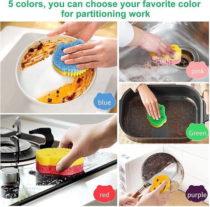 SmilePowo 5 Pack Frog Dual-Sided Multi-Functional Scrub Sponge, Dual-Sided Temperature Controlled Kitchen Sponge for Dishes,Furniture,Scrub Sponges Household Cleaning Pads Bathroom Wall Cleaner