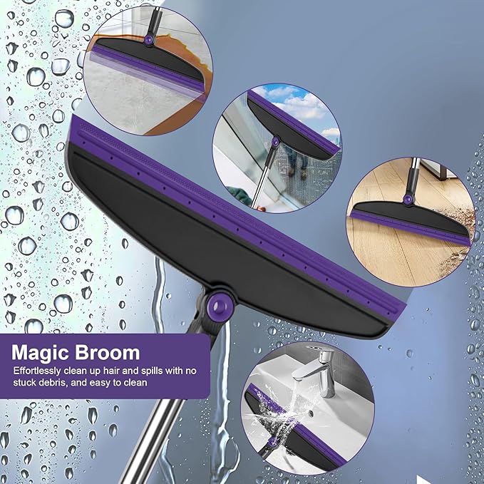 Broom with Dustpan Combo Set and Silicone Air Broom Kit, 51" Long Handle Floor Squeegee, Purple Household Kit for Glass Window Rugs Pet Hair Home