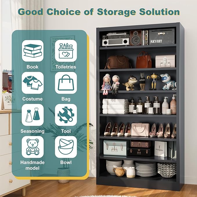55" Storage Cabinet with 6 Adjustable Shelves (8 Tiers Total), Metal Shelving Unit for Garage, Pantry, Office – Easy Assembly, Durable Freestanding Organizer (Black, 7 Tier-55"H x 27.6"W x 11.8"D)