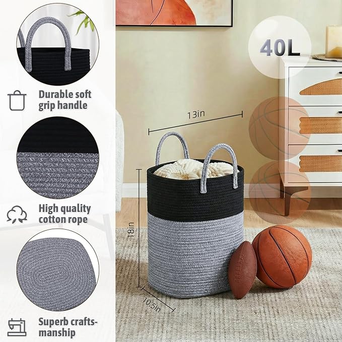 Laundry Basket,Woven Cotton Rope Laundry Hamper,Versatile Storage for Dirty Clothes,Baby Toys,and Blankets in Bathroom, Nursery,and Living Room (Black, 40L)