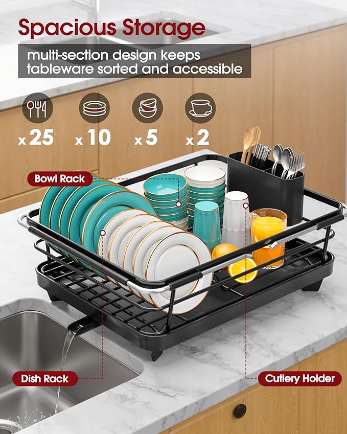 Sakugi Extendable Dish Drying Rack Over Sink with Dish Drainer, Sink Organization and Storage Essentials with Silverware & Utensil Holder, Home and Apartment Decor, 12" W x 16.1~23" L, Black