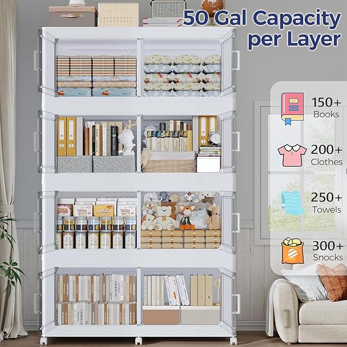 250GAL Extra Large Storage Bins with Lid, 1000Qt Stackable Closet Organizers and Drawers, Collapsible Storage Bins with Wheels, Folding Containers for Home, Kitchen Office, 5Pack White