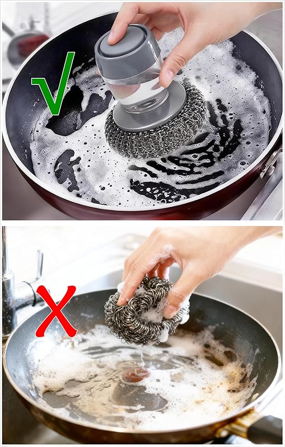 Steel Wool Scrubber with Soap Dispenser for Dish Sink Pan Stove Kitchen, Stainless Dishwashing Scouring Pad, Dispensing Heavy Duty Brush Scourer Cast Iron 2+2