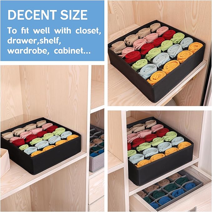 Foldable Storage Cubes Drawer Underwear Organizer Dividers， under Cabinet Organizer 24-Cell Fabric Storage Boxes for Lingerie,Socks,Ties （Black）