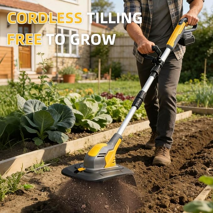 Electric Garden Tiller Cultivator, Cordless Rototiller for Gardening with 2X4.0Ah Batteries & Charge & LCD Display, 9-Inch Tilling Width, 6.6-Inch Depth Tiller for Soil Cultivation, Weeding