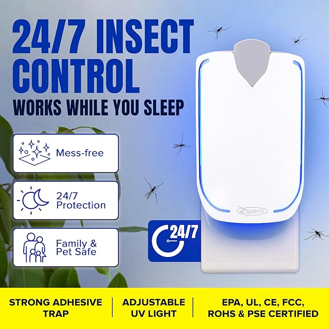 1 Fruit Fly Trap & 5 Adhesive Cartridges, Indoor Plug-in Bug Catcher, UV Light Fly Trap Captures Fruit Flies, Gnats, Houseflies, Moths, and Flying Insects for Kitchen, Bathroom, Plant Areas